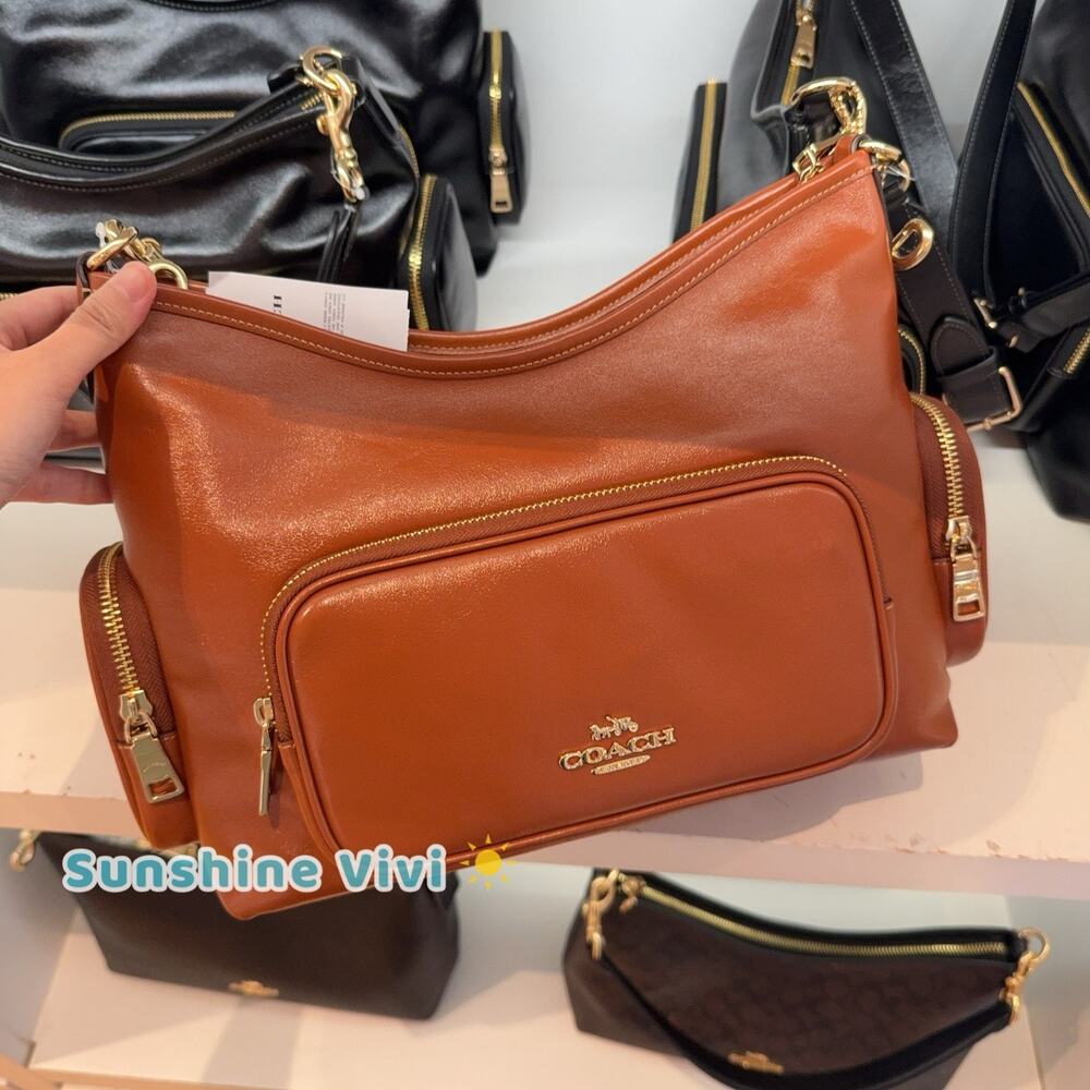 NWT Coach Laurel Shoulder Bag Pockets CES93 Shiny smooth leather Gold/Cinnamon